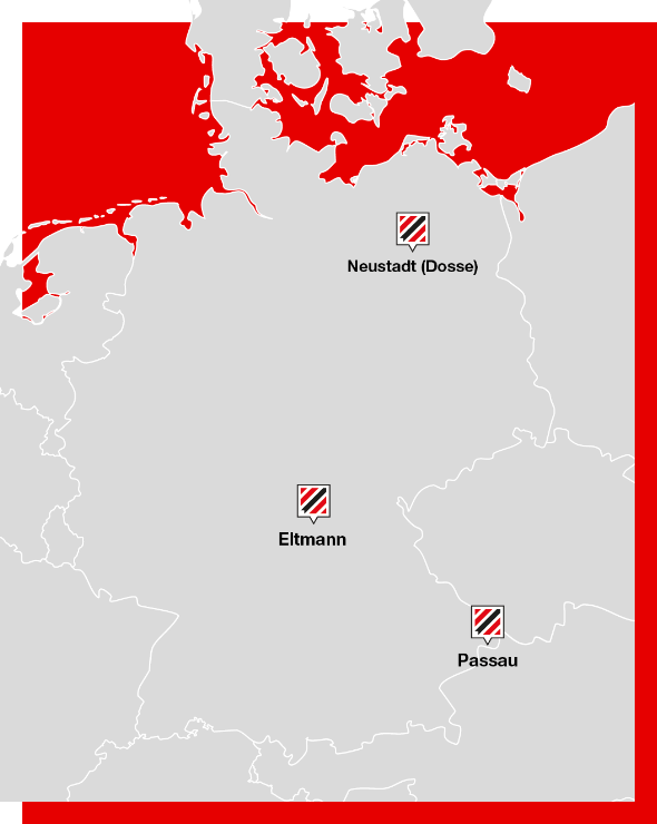 Schwarzmüller-Standorte für förderfähige Maßnahmen: Neustadt (Dosse), Eltmann und Passau